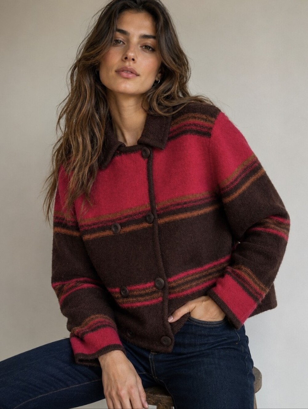 Vtg Talbots Sweater Jacket Boiled Wool Brown/Red Striped Boxy Fit 90s Size Large